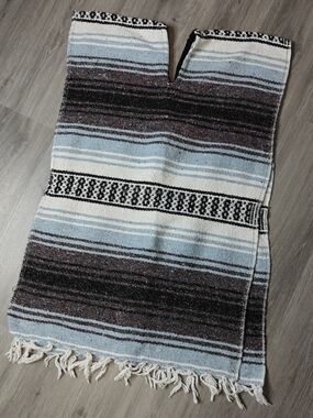 Handwoven Blue and Black Striped Mexican Blanket Poncho